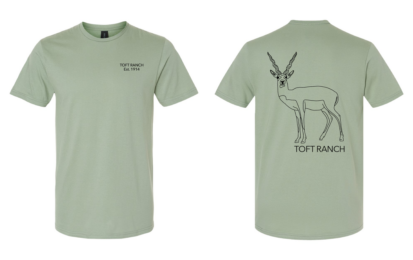 Toft Ranch: Blackbuck Back Print, TOFT RANCH Left Chest on Gildan 64000 Sage Shirt