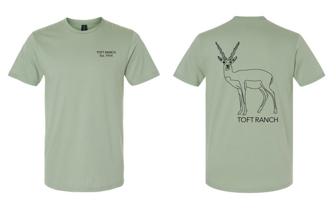 Toft Ranch:  Blackbuck Back Print, TOFT RANCH Left Chest on Gildan 64000 Sage Shirt