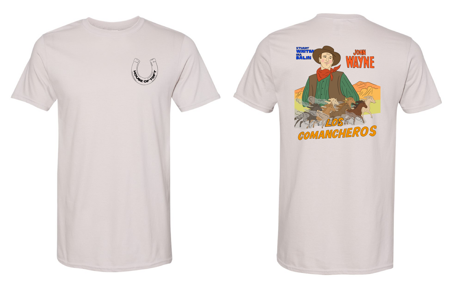 Toft Ranch:  John Wayne Back Print, Horseshoe Left Chest on Gildan 64000 Ice Grey Shirt
