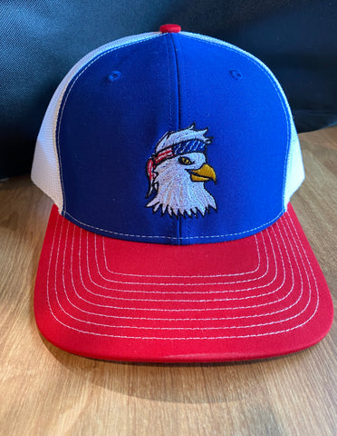 red white and blue richardson 112 cap with bald eagle with bandana embroidery | Shop handmade apparel, homewares, gifts, & more at The Branded Iron. Or, contact us today for all your small business customization needs: tees, hats, cups, & more...we do it all. Proudly located in Boerne, Texas.