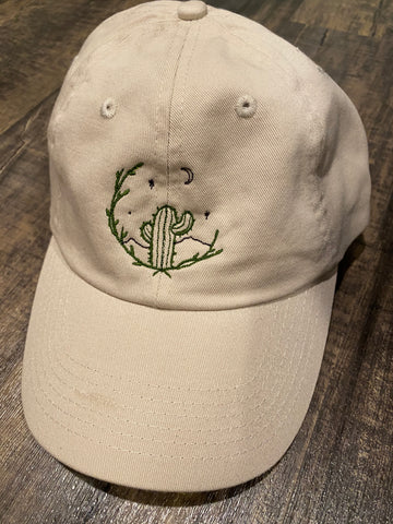 embroidered cactus with moon and vine cap | Shop handmade apparel, homewares, gifts, & more at The Branded Iron. Or, contact us today for all your small business customization needs: tees, hats, cups, & more...we do it all. Proudly located in Boerne, Texas.