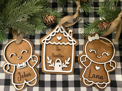 personalized gingerbread ornament or stocking tag | wood laser engraved | laser engraving by the branded iron | Shop handmade apparel, homewares, gifts, & more at The Branded Iron. Or, contact us today for all your small business customization needs: tees, hats, cups, & more...we do it all. Proudly located in Boerne, Texas.